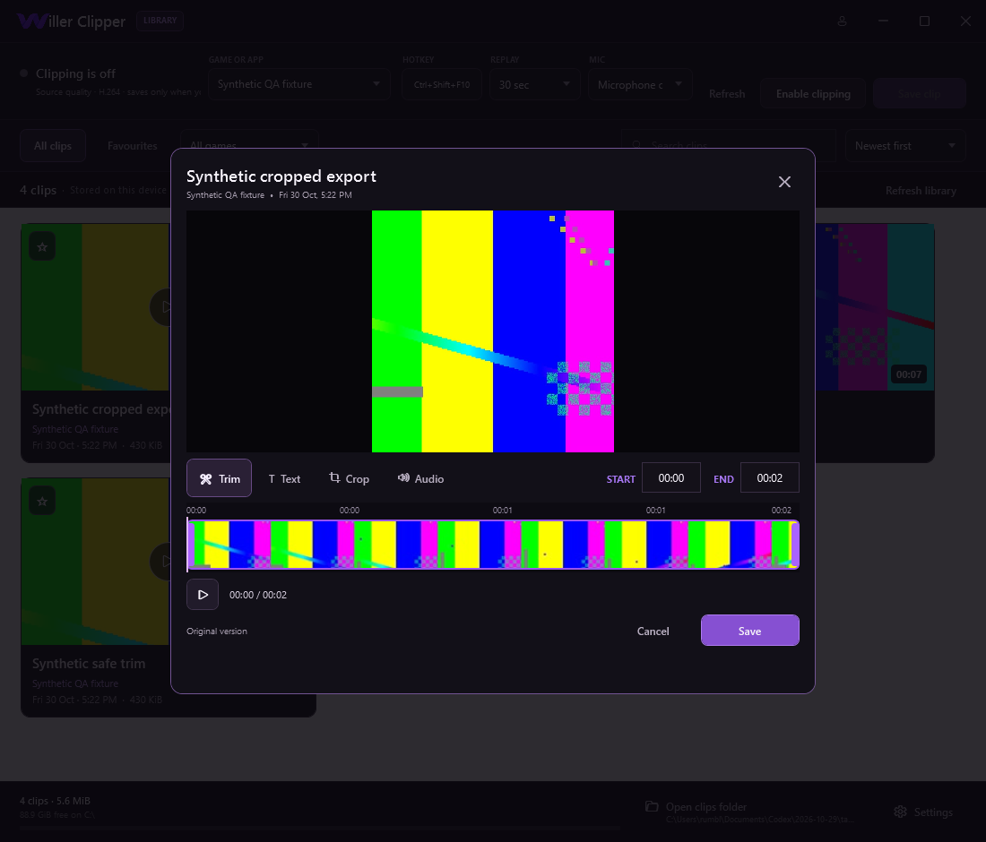 Willer Clipper 0.4.1 early prototype editor showing a synthetic colour test clip, timeline, trim controls and audio tab