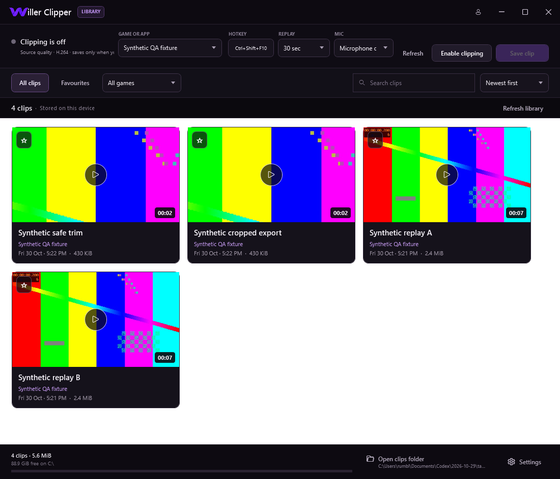 Unreleased Willer Clipper 0.4.1 candidate library showing three synthetic test clips in a charcoal and purple grid interface